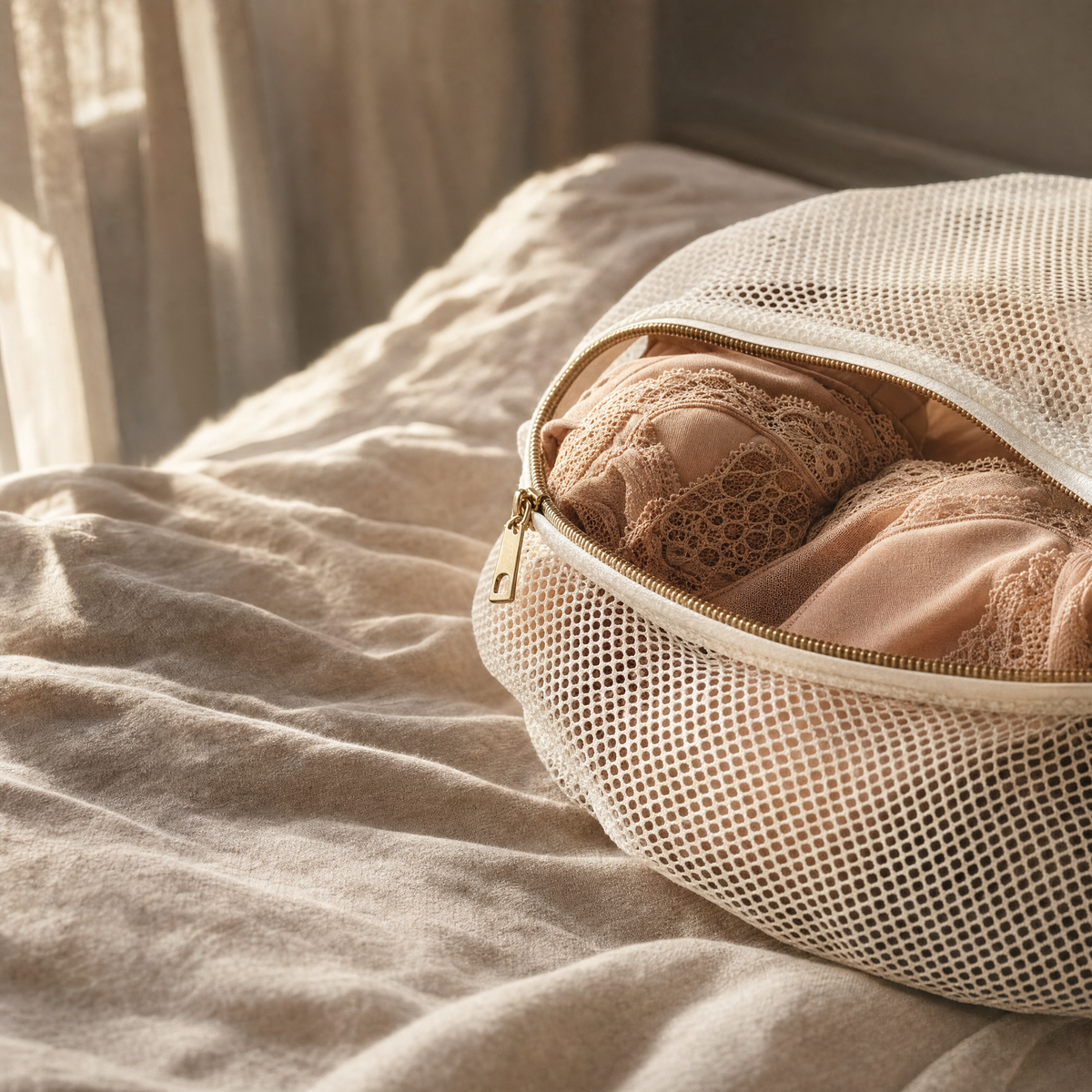 Filet de lavage délicat Celisande avec lingerie beige pliée
