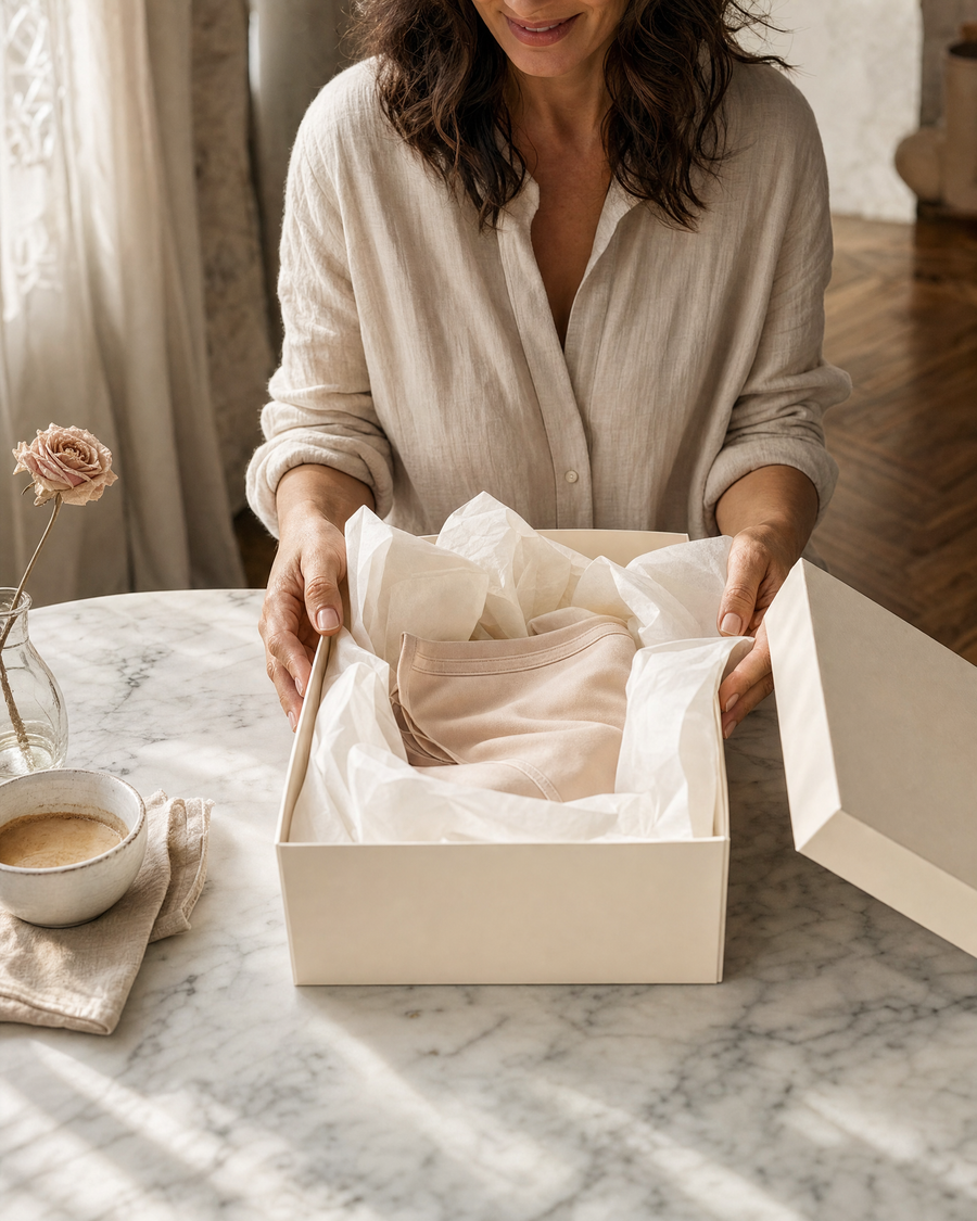 Femme ouvrant un coffret Élancée à la table de la cuisine